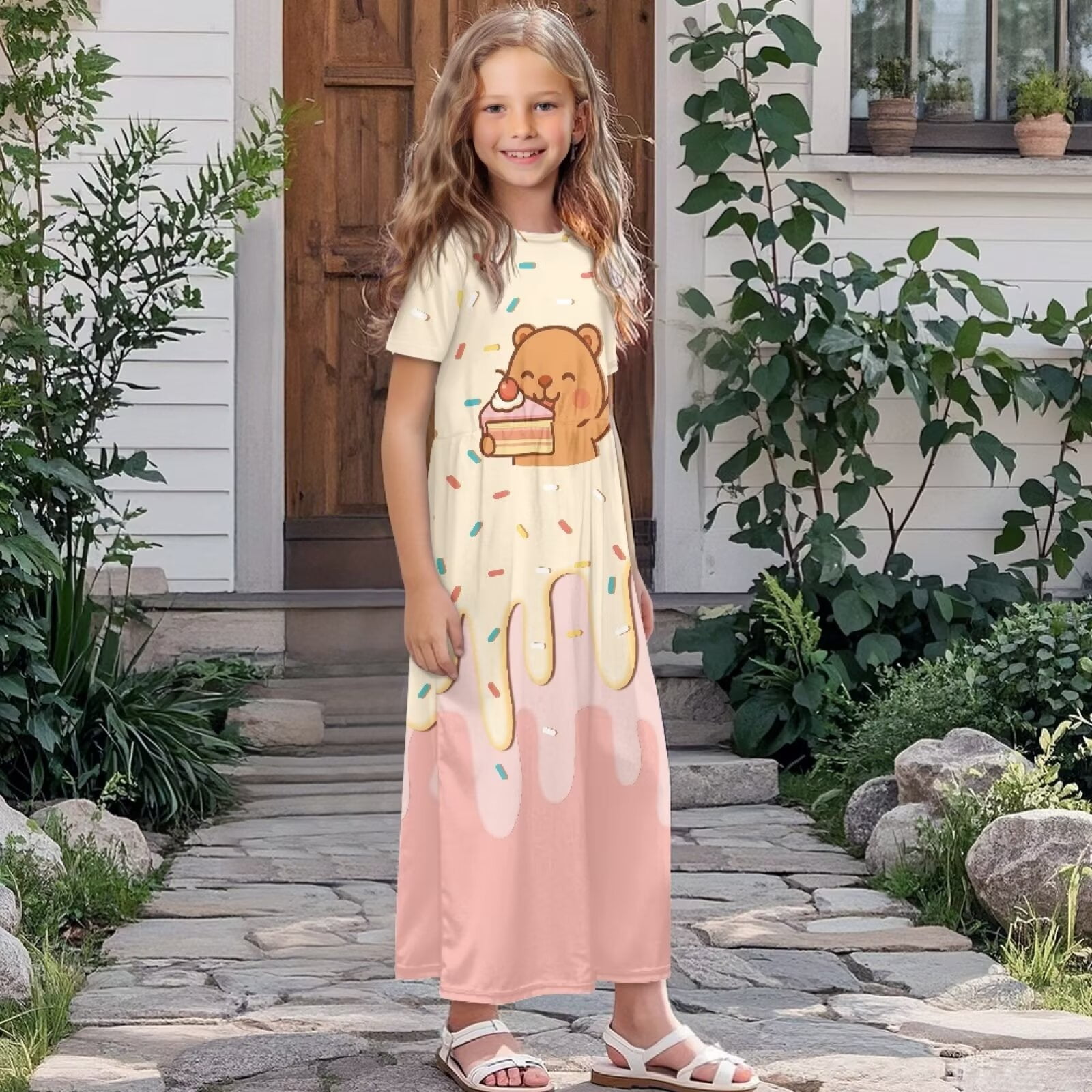 Uourmeti Girl's Short Sleeve Dress Cute Capybara Cake Print Round Neck Loose Casual Long Maxi Dress with Pockets Flowy Cute Outfits, Size 7-8 Years