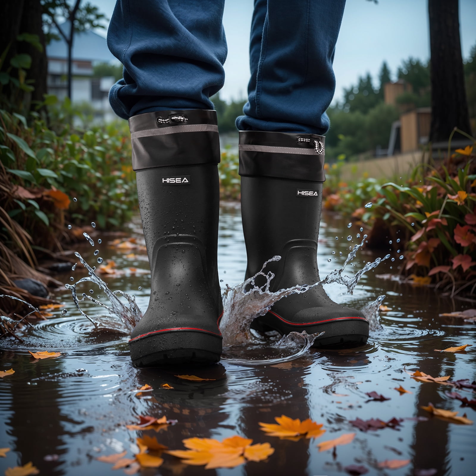 HISEA Mid Calf Rain Boot for Men,Anti-slip Waterproof PVC Mud Garden Boots with Adjustable Closure,Black & Red,Size 9.5