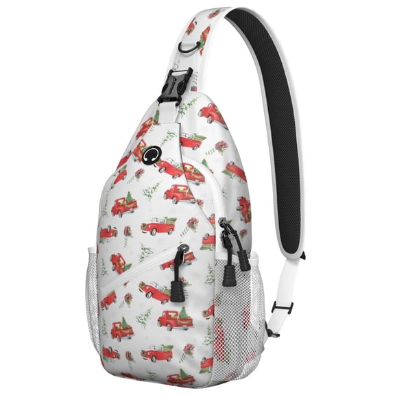 Sling Backpack,Red Christmas Truck Pattern Sling Bag with Water Bottle Holder,Waterproof Sling Bag for Men/Women with Headphone Jack for Hiking,Travel