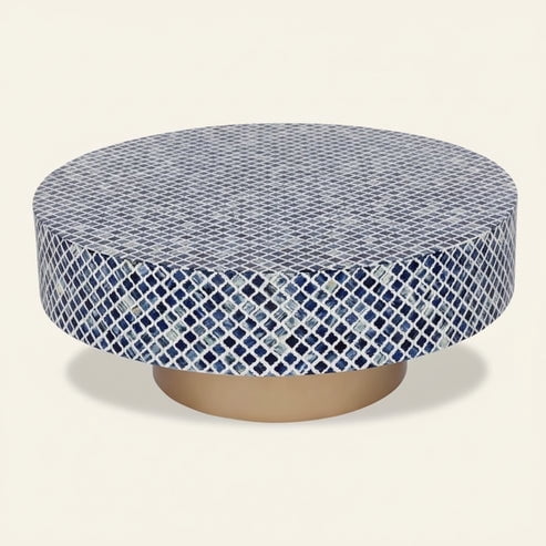 Bone Inlay Round Coffee Table Floral Handmade Luxury Boho Modern Resin centre table for Living Room Dining Room and Home Décor - Multi Blue nad Gold, 63x40 CM