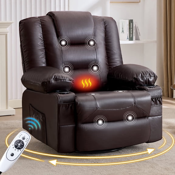 LLappuil Recliner Chair, 360° Swivel Massage Recliner Chair with Heat, Nursery Glider Rocker Recliner Chair with Cup Holders, USB Charge Port, Side Pockets for Living Room, Bedroom Brown
