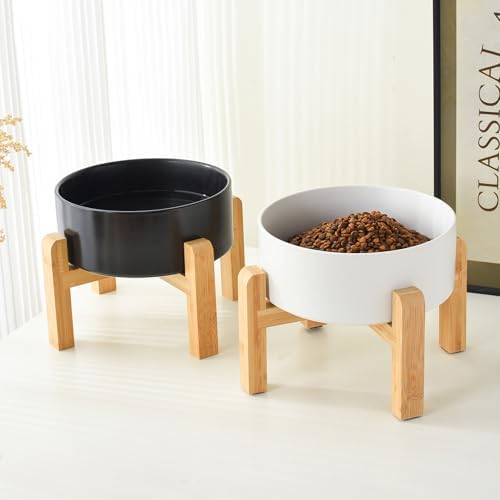 8'' Ceramic Raised Dog Bowl - 70Oz Dog Food & Water Bowl with Elevated Non-Slip Bamboo Stand, Dishwasher & Microwave Safe, Anti Vomiting Heavy Duty Pet Bowl for Medium and Large Dogs, White