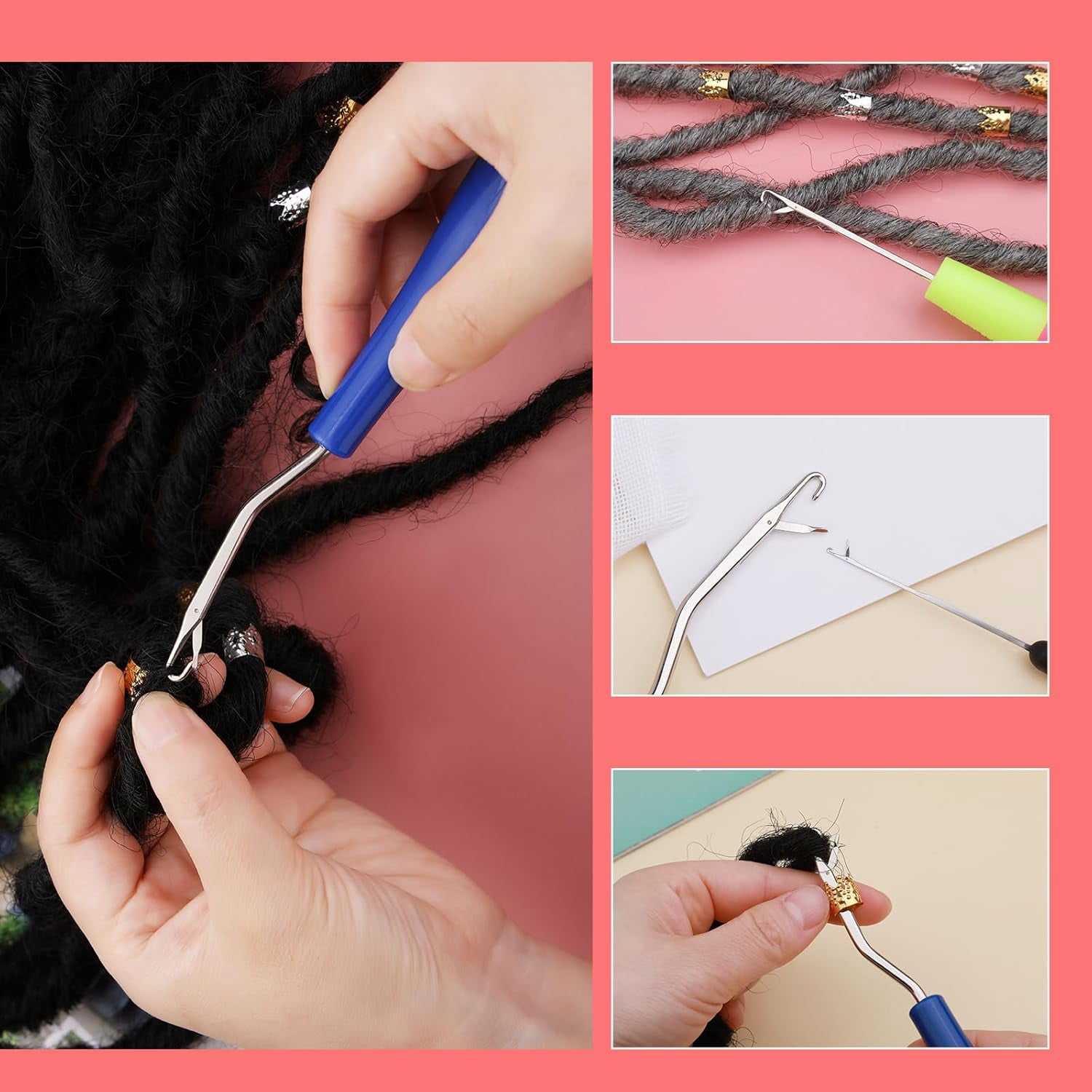 Dreadlock Crochet Hook, 48 Pcs Dreadlock Crochet Hook Tool, 6 Dreadlock Crochet Needle, Different Size Bent Latch Hook, Crochet Needle for Hair Braiding with Case and Dreadlocks Tool