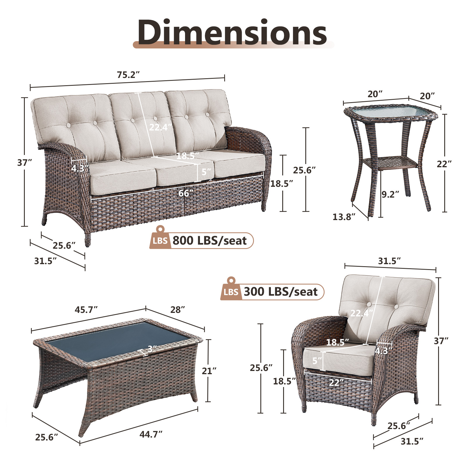 POCASSY 5 Piece Patio Furniture Set, All Weather Brown Wicker Outdoor Patio Furniture Set Patio Sofa Set with Club Lounge Chair and Coffee Table