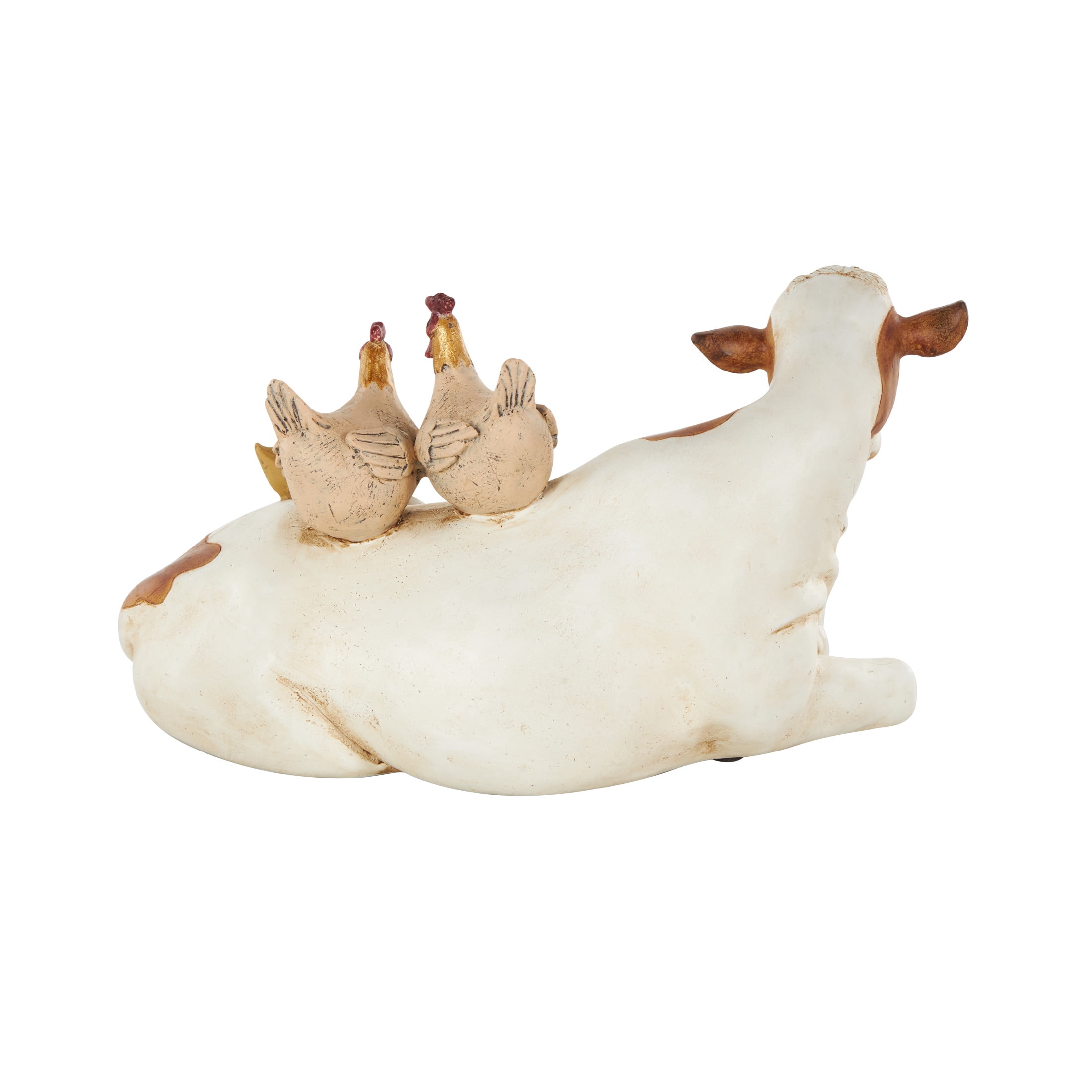 11" x 6" Cream Polyresin Sleeping Cow Sculpture with Sitting Roosters and Chicks, by DecMode