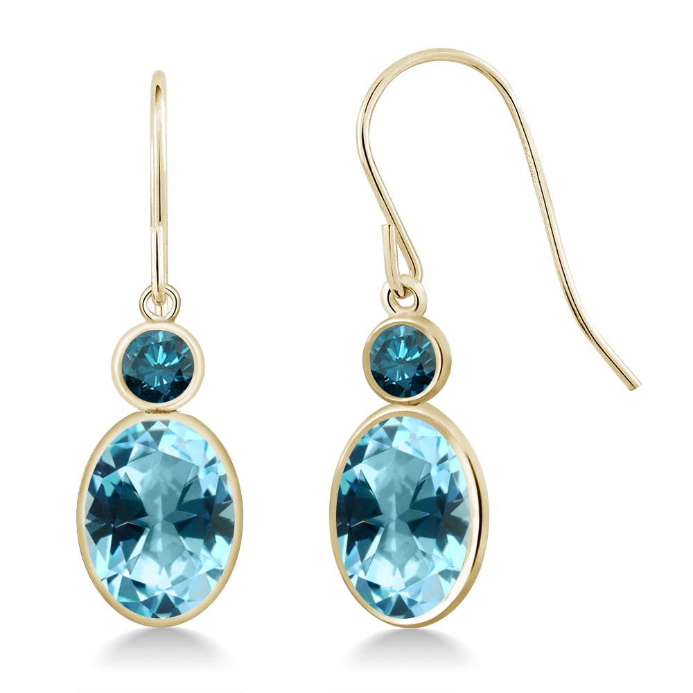 14K Yellow Gold Diamond Earrings Set with Oval Ice Blue Topaz from Swarovski by