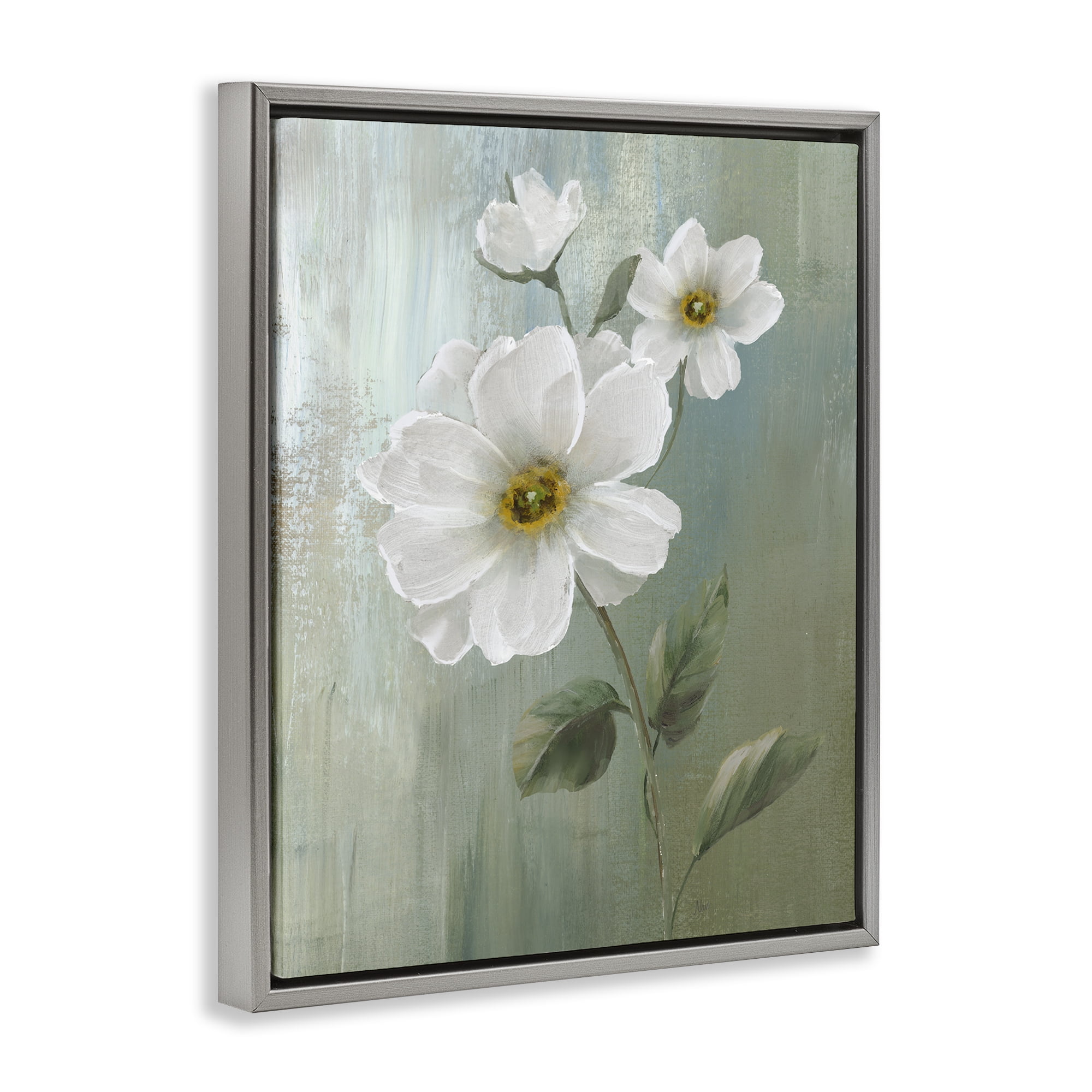 Stupell Industries Blooming White Blossoms Plants & Flowers Painting Gray Floater Framed Canvas Art Print Wall Art, 25 x 31