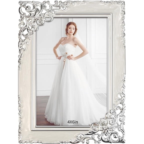 4x6in Vintage Metal Picture Frame White Pearl Photo Frame Wedding Decoration, Clear Glass Front, Unique Tabletop or Wall Display, Horizontally & Vertically,Perfect Gift Choice
