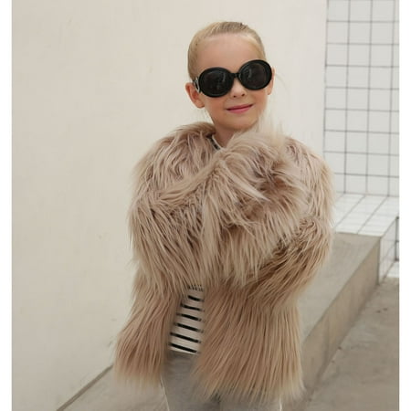 

RPVATI Toddler Baby Girls Open Front Faux Fur Jacket Thicken Crew Neck Coat Winter Warm Long Sleeve Clothes 1Y-7Y