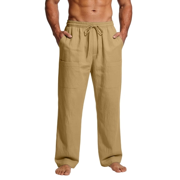 Ixbnca Men's Summer Casual Pants Elastic Waist Beach Pants with Pockets Drawstring Loose Lightweight Pants
