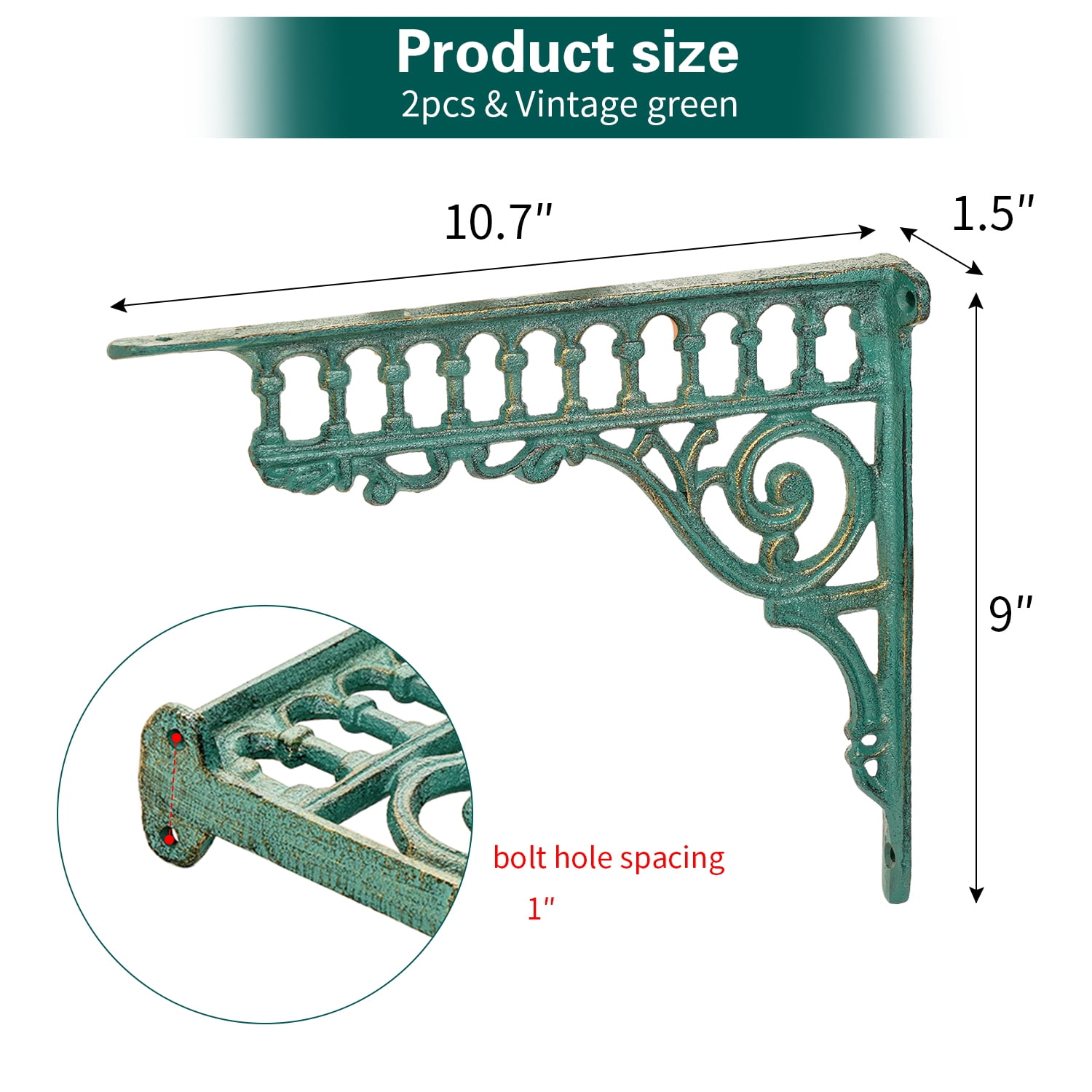Sungmor 10.6 Inch Cast Iron Green Brackets for Shelves, 2PC Vintage Decorative Angle Support Doorway Bracket, Shelves Corbels, Wall Mounted Floating Shelf Bracket