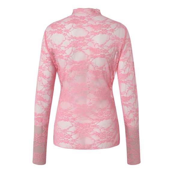 ZIXKCGDSE Mesh Long Sleeve Top for Women Lace Shirts See Through Floral Embroidery Blouse Size S