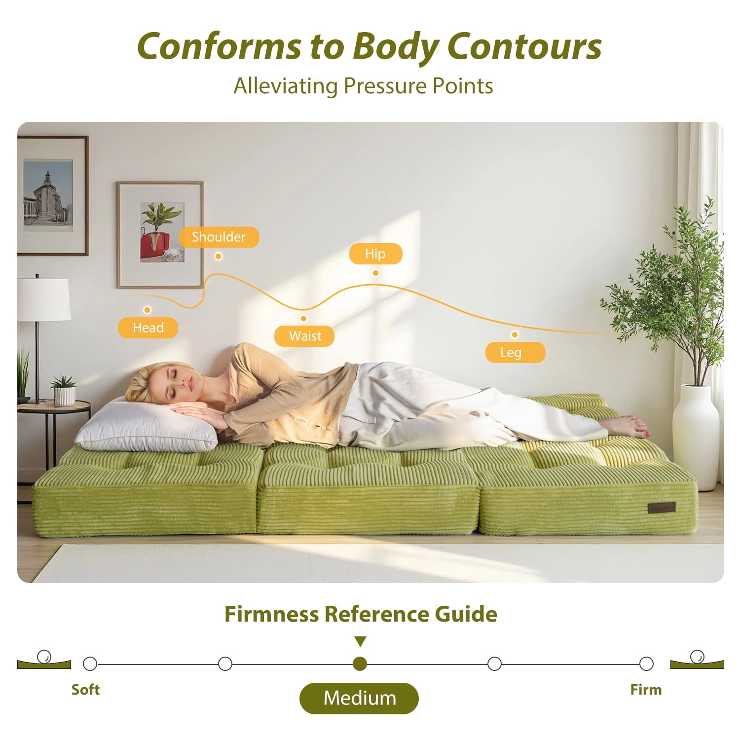 BYBYME 6 inch Tri-Fold Mattress,Corduroy Folding Mattress Made of a Whole Foam,Memory Foam Mattress Topper Perfect for Sleeping,Camping,Twin,Green