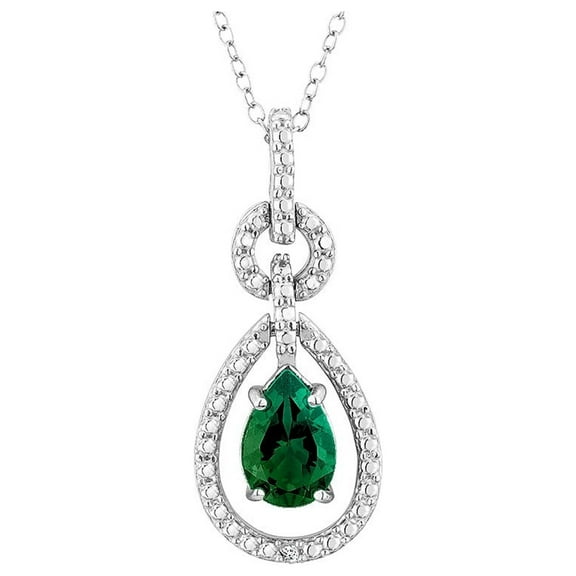 Created Emerald Pendant Necklace with Diamond Accent in Sterling Silver with Chain for Women