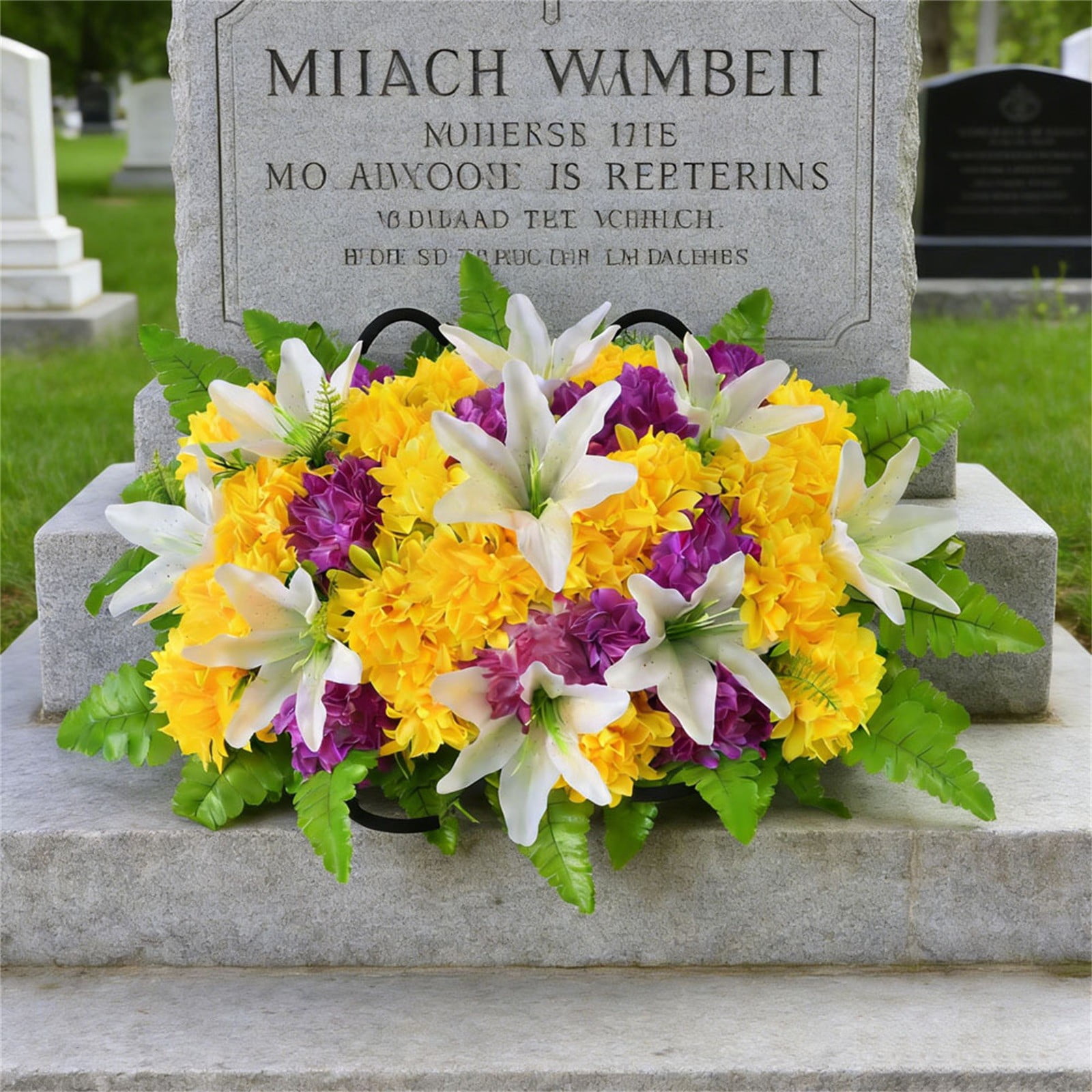 Headstone Flower Saddle, Large Artificial Cemetery Blooms, Grave Memorial Flowers, Lily Flower Chrysanthemum Mix, Outdoor Tombstone Decor, Grave Floral Saddle, Realistic Faux Arrangement