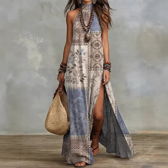 Morttic Women's Elegant Floral Print Halter Neck Sleeveless High Split Maxi Dress – Flowy A-Line Bohemian Holiday Dress Picture 1,S