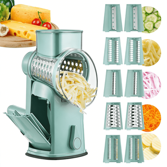 Rotary Cheese Grater Hand Crank, 5 in 1 Mandoline Vegetable Slicer - 10 Sets of Blades - Kitchen Cheese Grater Shredder with Handle for Fruit,Vegetable,Nuts