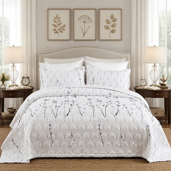 Floral Embroidered Quilt Set Size, Botanical Floral Bedspreads Quilt Bedding Set,Soft Blend Lightweight Coverlet with 2 Pillow Shams, ,92" x 96"
