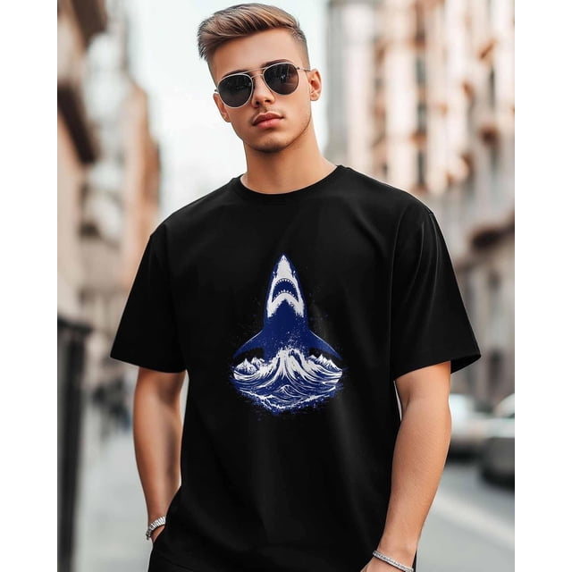 Camisetas de manga corta con diseño de tiburón y olas marinas para hombre, camisetas de cuello redondo