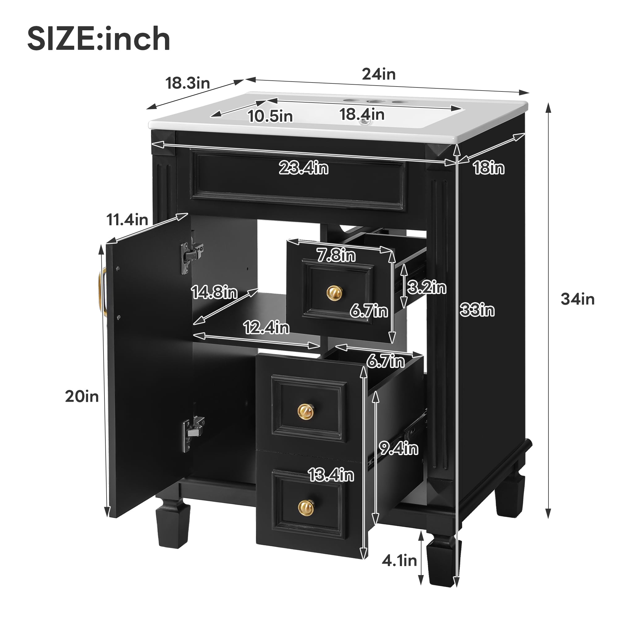 Euroco 24" Bathroom Vanity with Ceramic Sink, Small Bathroom Sink Cabinet, Modern Cabinet with 2 Drawers and Adjustable Shelf