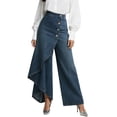 thumbnail image 2 of Qiopertar Women's Loose Wide Leg Denim Skirt Pants High Waist Casual Drawstring Waist with Side Buttons Long Flowy Solid Color Washed Jeans Culottes, Blue S, 2 of 7