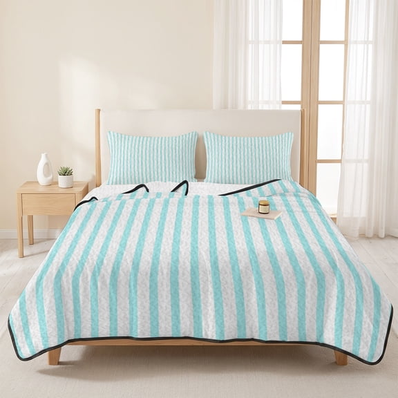 3 Pieces Queen Quilt Set,Summer Teal Vertical Stripes Soft Bedding Sets with 1 Quilt & 2 Pillow Shams,Minimalist Light Blue White Line Summer Bedspread Lightweight Coverlet Comforter for All Season