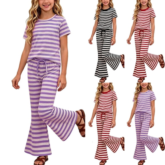 BXJX Girls Outfit Sets 2 Piece, Crew Neck Striped Short Sleeve Girls Summer Clothing Sets Purple Size 8 T