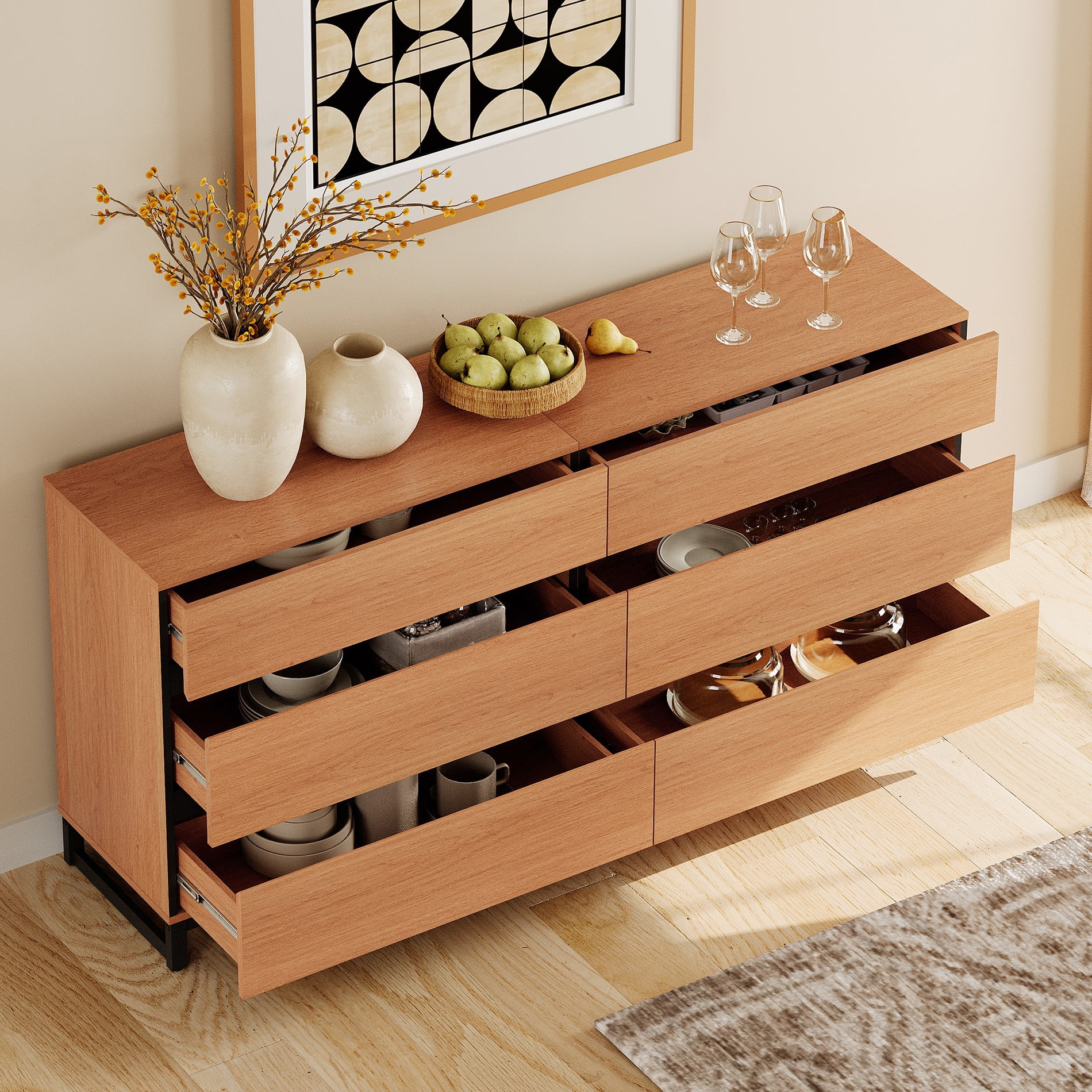 Modern TV Stand with 6 Drawers and Metal Base, Entertainment Center Media Console for Living Room Bedroom, Fits TVs up to 70 Inch, Mocha