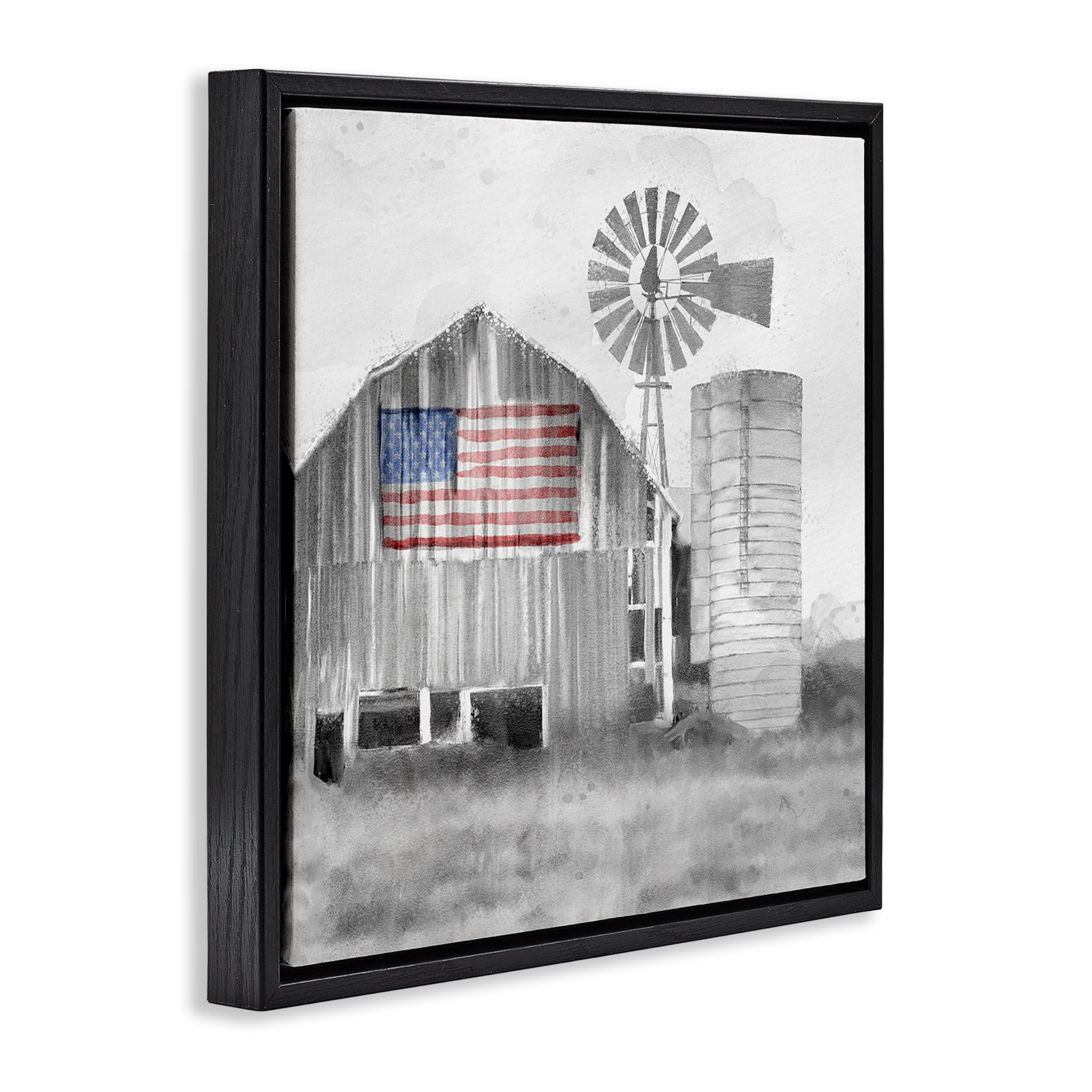 Stupell Industries Grandfather's Barn with Flag Black Framed Floater Canvas Wall Art, design by Kim Allen