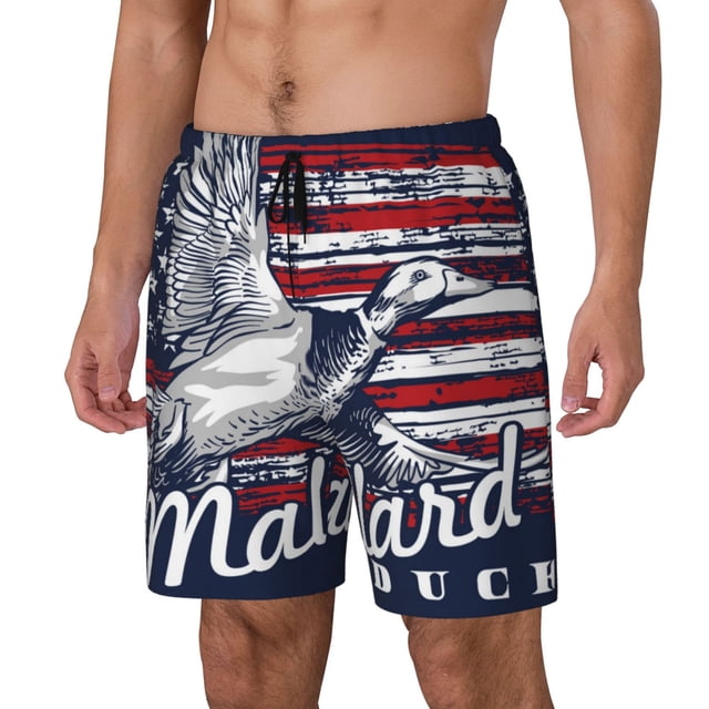 Balery Mallard Duck With American Flag Bañador para hombre, shorts de playa de secado rápido con entrepierna y forro de compresión-Small