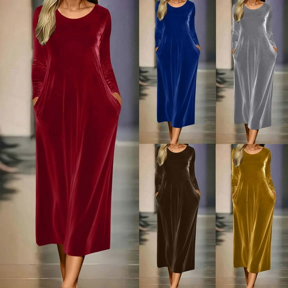 FRSASU Velvet Dress for Women Solid Casual Crewneck Shirt Dresses Elegant Cocktail Long Sleeve Maxi Dress with Pockets Yellow