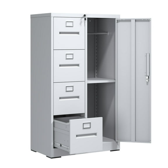 White File Cabinet with Lock, 4 Drawers & Wardrobe - Steel Vertical Filing Cabinet for Home Office, School, Bedroom Freestanding