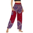 thumbnail image 3 of SWSMCLT Women's Boho Yoga Pant Smocked Waist Hippie Bohemian Thai Indian Pants with Pocket Cinched Bottom Elastic Waist High Waisted Floral Sunflower Printed Red One Size, 3 of 5