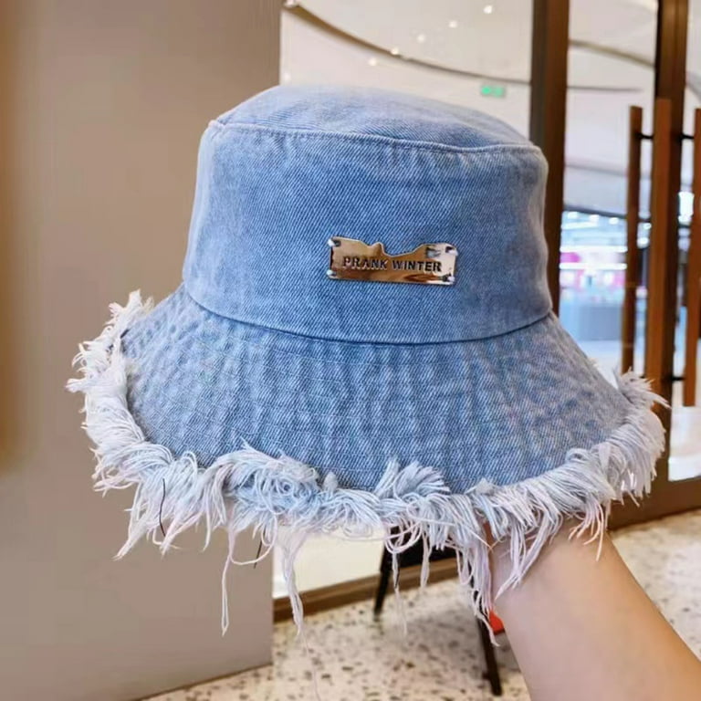 NUZYZ Women Bucket Hat Ripped Edge Flat Top Distressed Denim Large