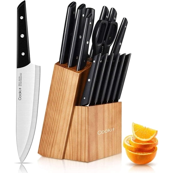 RAINBEAN Knife Set with Block Holder, 15 Pieces Kitchen Knife Set with Built-in Sharpene, Stainless Steel Knives with Comfortable-Grip ABS Handles