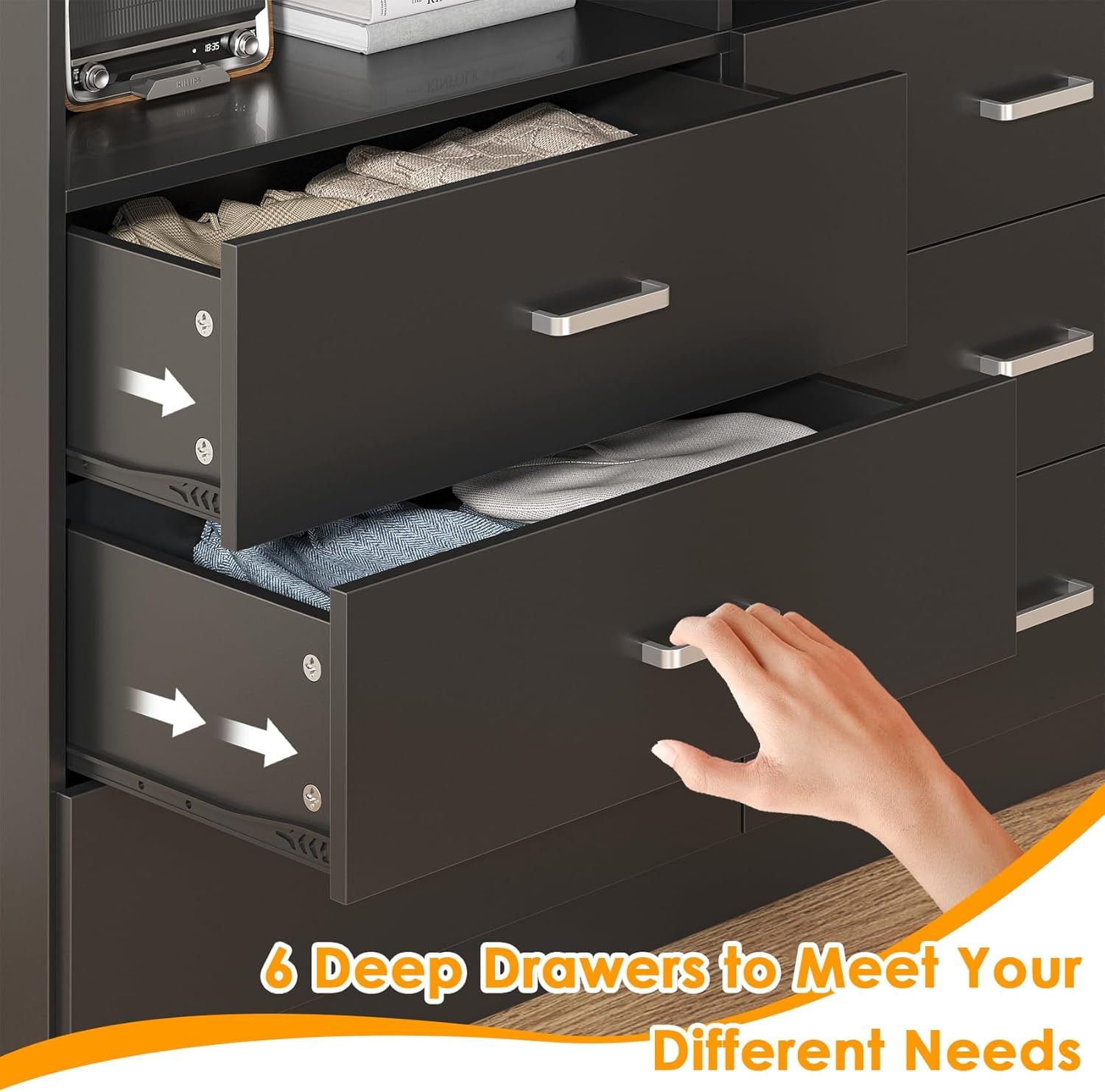Frmobepts Wood Dresser for Bedroom, 6 Drawer Dresser with Open Storage Cubby,Black