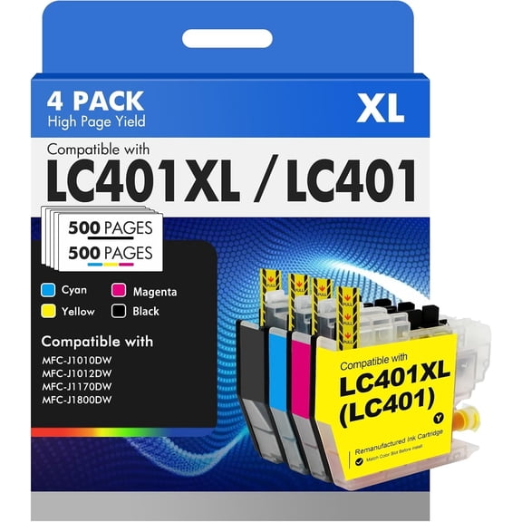 LC401 LC401XL Ink for Brother LC401 Ink Cartridge LC401 Brother Ink Cartridge for Brother MFC-J1010DW MFC-J1012DW MFC-J1170DW MFC-J1800DW Printer (4-Pack, Black, Cyan, Magenta, Yellow)