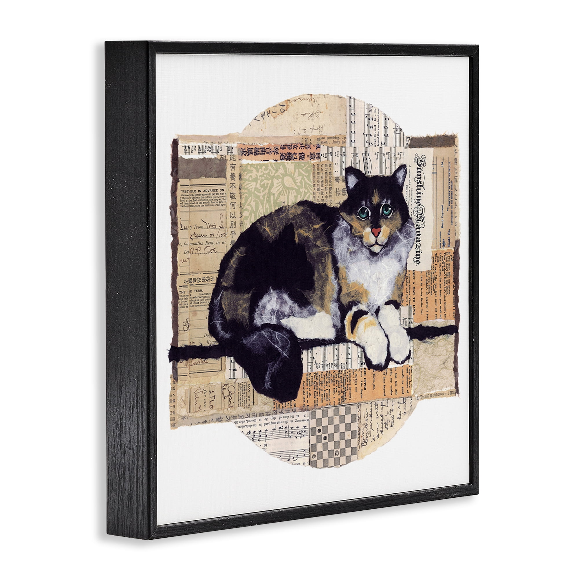 Stupell Industries Cat with Vintage Collage Animals & Insects Painting Black Framed Art Print Wall Art, 24 x 24