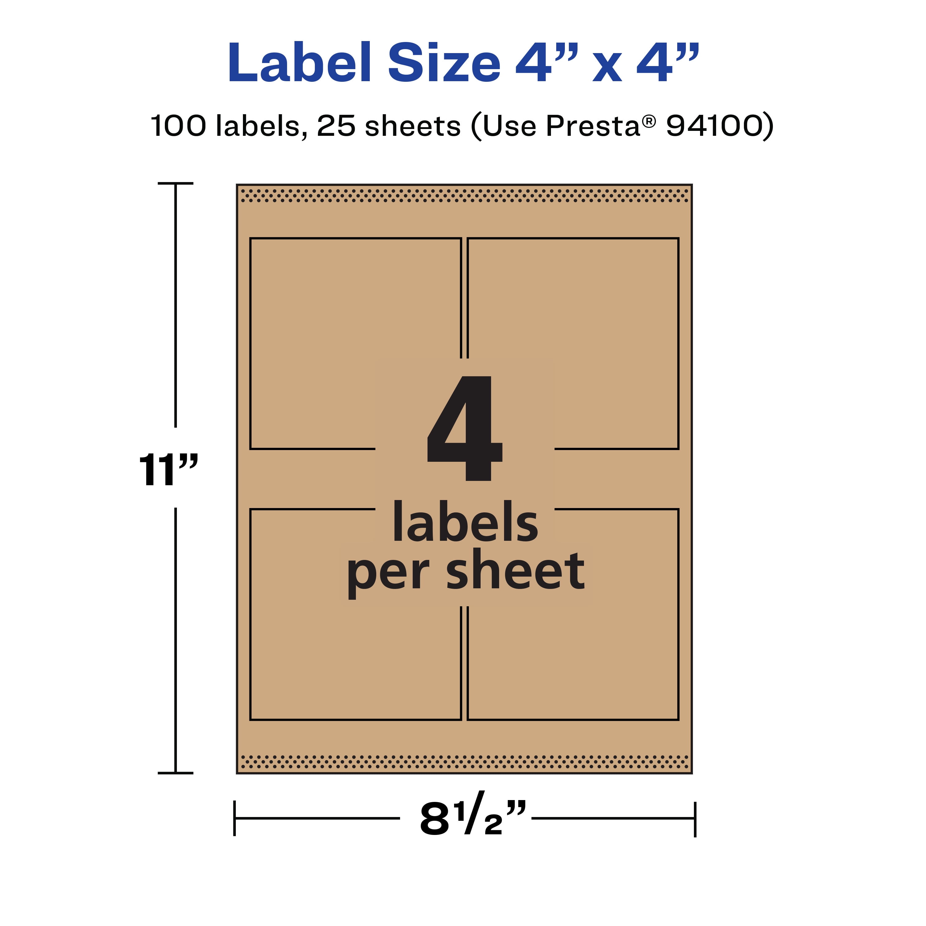Avery Kraft Brown Square Labels, 4" x 4", 100 Labels