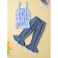 thumbnail image 3 of Franhais Kid Girl Long Pants Outfits, Sleeveless Plaid Pattern Lace Patchwork Sling Tank Tops + Elastic Waist Flare Pants Set, 3 of 9