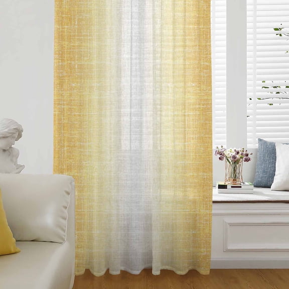 Vintage Lemon Yellow Gray Sheer Curtains 63 Inch Length, Light Filtering Voile Curtain Panel, Abstract Linen Texture Modern Rod Pocket Drapes Window Treatments for Living Room Bedroom 52"x63"