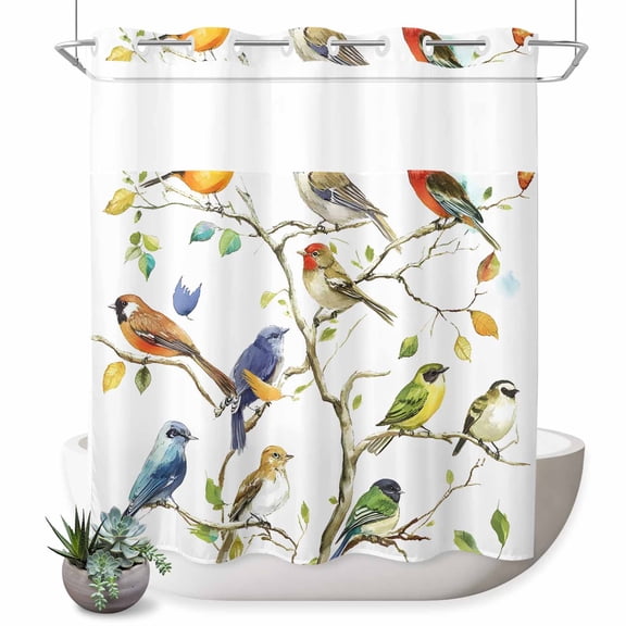 No Hook Shower Curtain, Bird Leaf Shower Curtains for Bathroom with See Through Top Window, Spring Summer Tree Branch Farmhouse Retro Waterproof & Washable Bath Curtain Standard 72"x72"