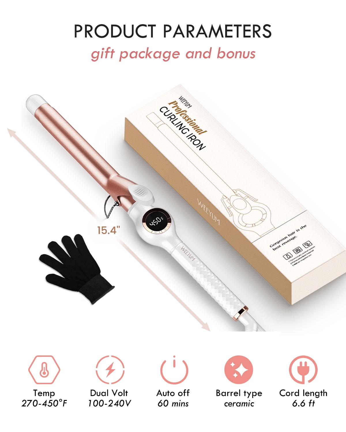 WEEYUM 1 Inch Curling Iron, Long Barrel Curling Wand for Hair, Ceramic Tourmaline Hair Curling Iron Dual Voltage