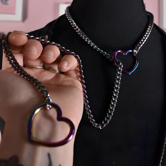 DESIGNICE Heart Slip Chain Necklaces for Women, Stainless Steel O-Ring Adjustable Lariat Heart Y-Necklace, Punk Gothic Cuban Collar Necklace Jewelry for Men