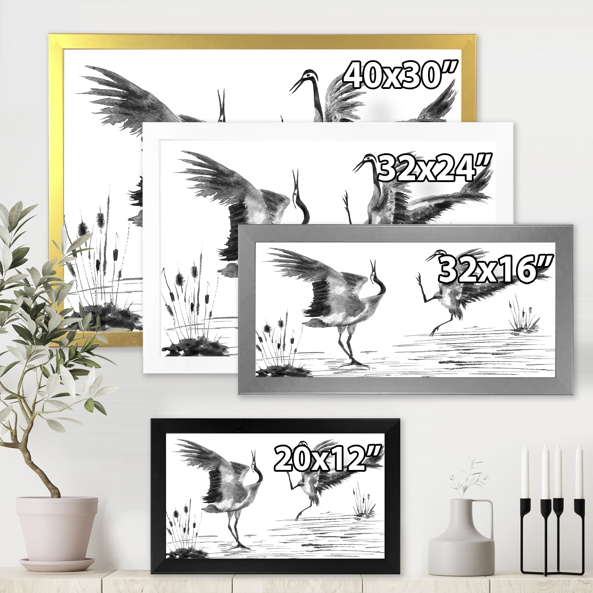 Designart 'Monochrome Two Enamored Japanese Cranes Birds' Traditional Framed Art Print
