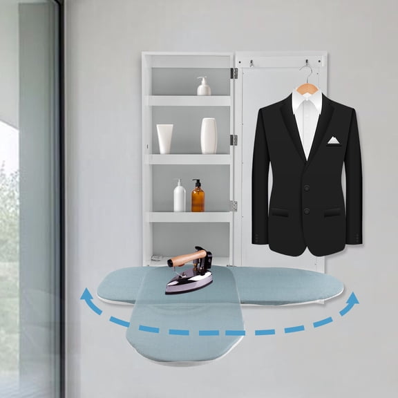 Wall Mounted Ironing Board Cabinet with 4-Tier Storage, 180° Swivel Ironing Station with Mirror, Space-Saving Laundry Cabinet for Home, Apartment, RV – Holds Iron & Accessories, White