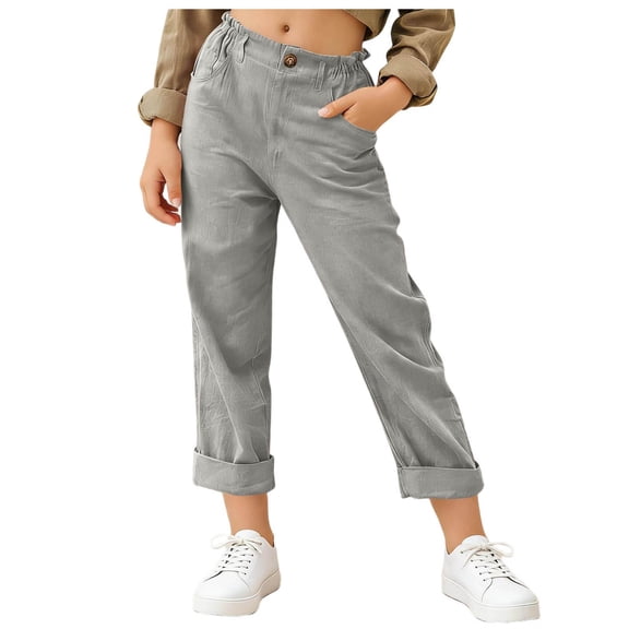 Women's Capri Pants Pleated Elastic Waist Trousers Solid Color Straight Leg Pants Light Weight Capris for Women Casual Summer