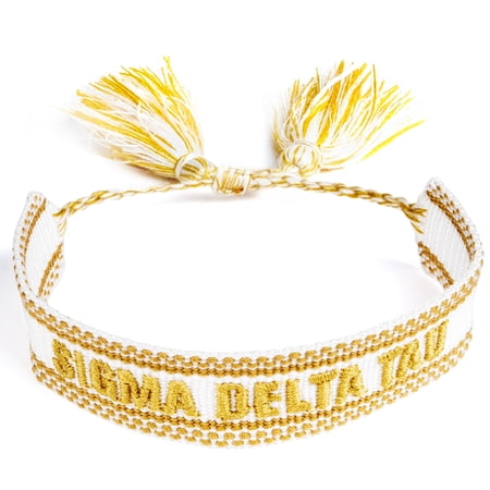 Sorority Shop Sigma Delta Tau Bracelet — Woven Bracelet, White and Gold Design with ACO Sorority Name and Tassels, Greek Sorority Jewelry