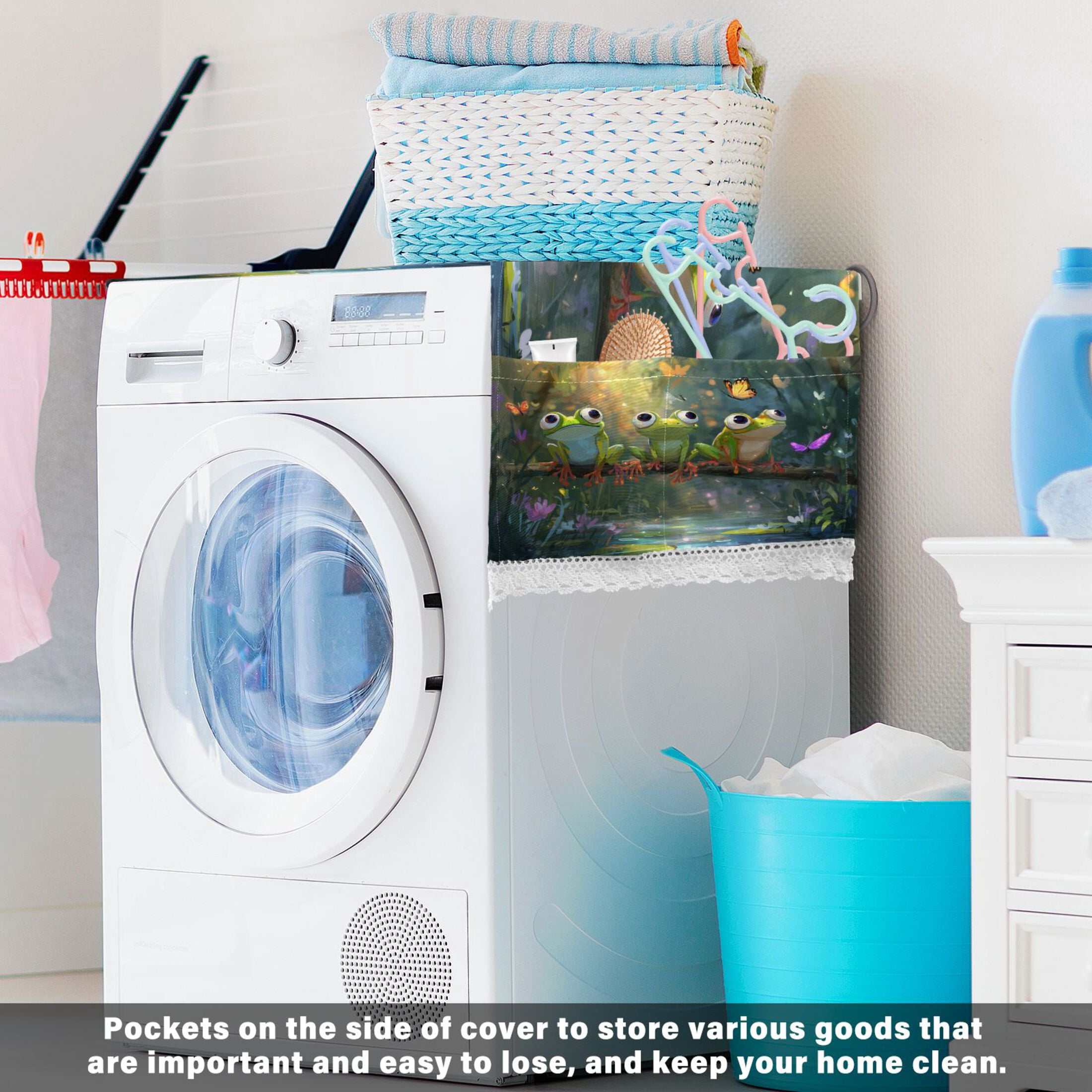 Washing Machine Cover 51.2x22in, Durable Polyester Dust Cover with Lace Trim and Side Pocket for Appliances Cute Frog