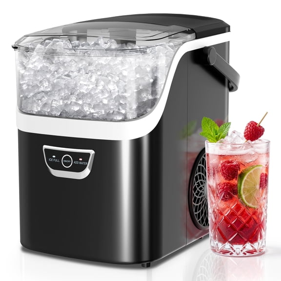FREE VILLAGE Nugget Ice Maker Countertop,Portable Ice Machine with Carry Handle,Chewing Ice 35 lbs Per Day,Fast Making in 6 Mins,Auto-Cleaning,with Basket and Scoop,for Home,Kitchen,Camping,RV-Black